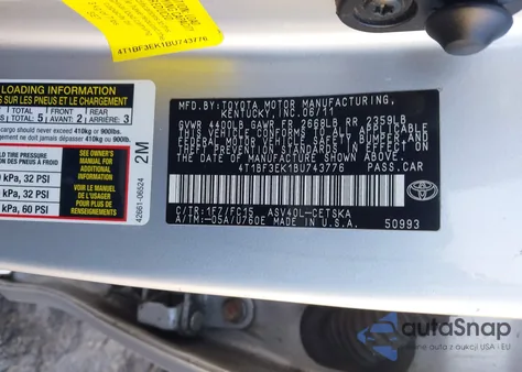 2011 Toyota Camry Se from USA, damaged, VIN 4T1BF3EK1BU743776